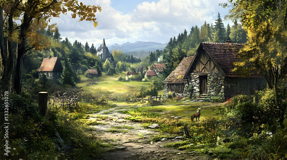 Rustic Village Scene in a Forest Clearing with Tranquil Countryside Rustic Village Scene in a Forest Clearing with Tranquil Countryside