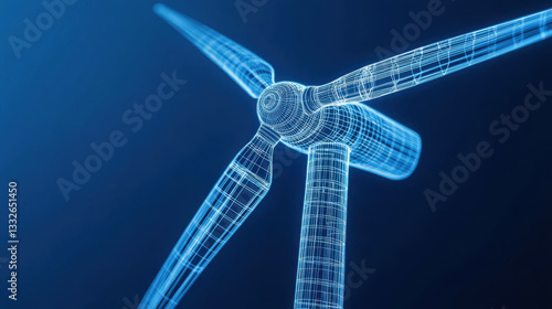 Digital blueprint of wind turbine on blue background