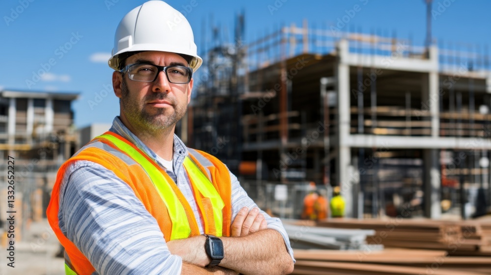 Construction Worker in Safety Gear Overseeing Building Project at Construction Site Under Clear Blue Sky Construction Worker in Safety Gear Overseeing Building Project at Construction Site Under Clear Blue Sky