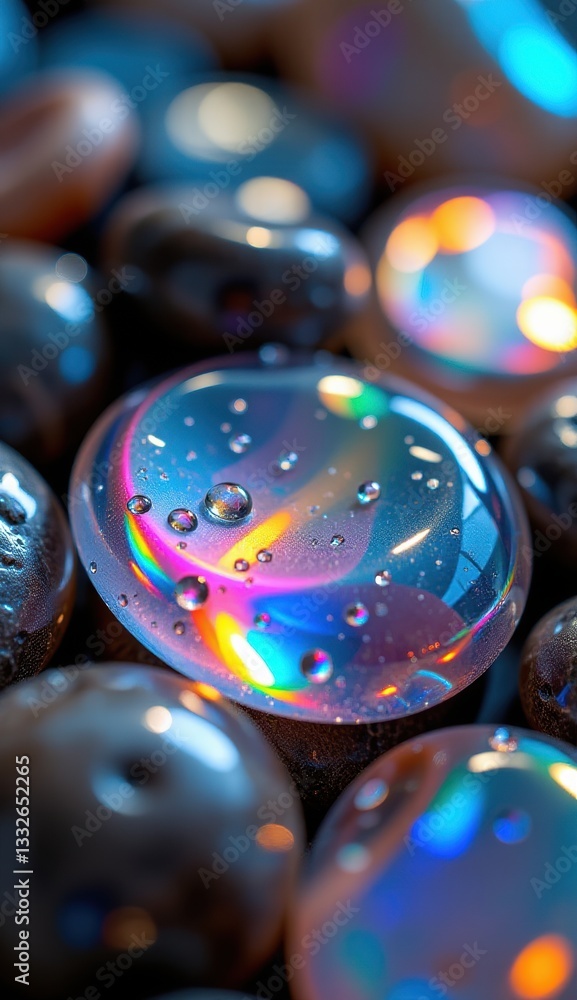 Fototapeta premium A close-up shot of smooth, translucent pebbles with iridescent, rainbow-like reflections and water droplets, creating a magical, ethereal, and colorful texture .