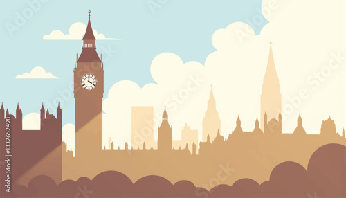 Minimalistic Big Ben clock tower against sunny cityscape, urban design