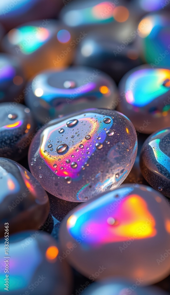 Obraz premium A close-up shot of smooth, translucent pebbles with iridescent, rainbow-like reflections and water droplets, creating a magical, ethereal, and colorful texture .