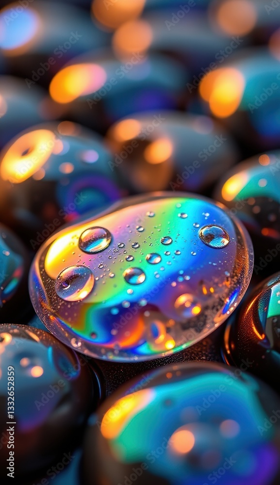 Fototapeta premium A close-up shot of smooth, translucent pebbles with iridescent, rainbow-like reflections and water droplets, creating a magical, ethereal, and colorful texture .