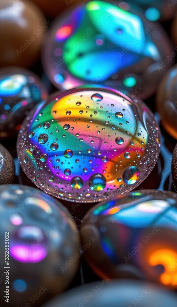 Fototapeta premium A close-up shot of smooth, translucent pebbles with iridescent, rainbow-like reflections and water droplets, creating a magical, ethereal, and colorful texture .