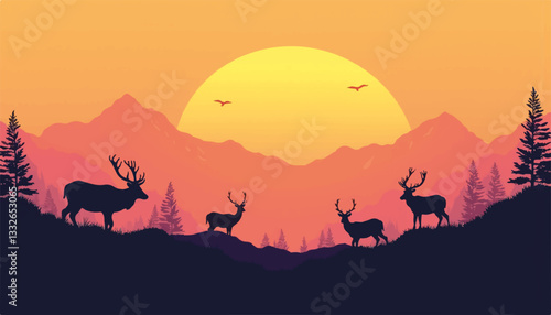 Serene silhouettes of deer at sunset in mountain landscape, tranquility