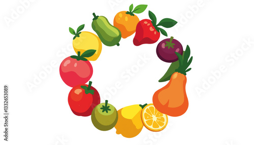 Vibrant geometric fruits arranged in circular pattern, joyful abundance