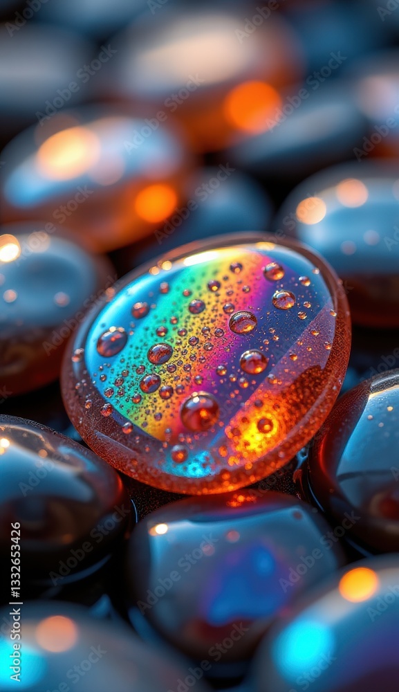 Fototapeta premium A close-up shot of smooth, translucent pebbles with iridescent, rainbow-like reflections and water droplets, creating a magical, ethereal, and colorful texture .