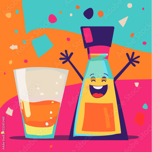 Cartoon tequila bottle and glass with happy expression on colorful background

