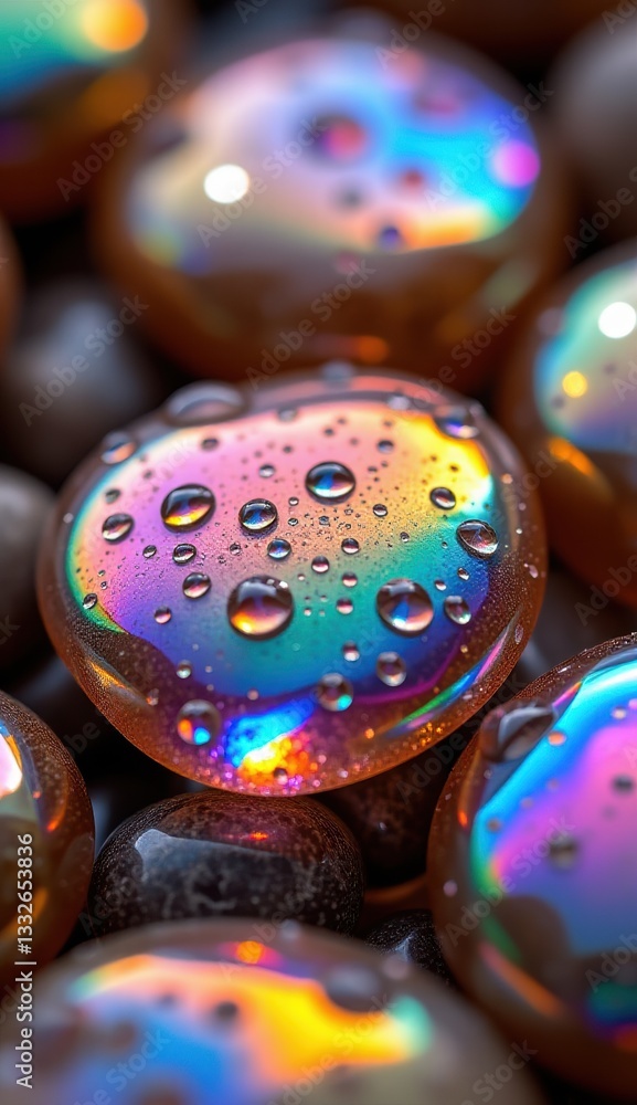 Fototapeta premium A close-up shot of smooth, translucent pebbles with iridescent, rainbow-like reflections and water droplets, creating a magical, ethereal, and colorful texture .