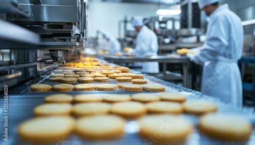 Cookies on conveyor belt in food factory, quality control process in the background. Industry use