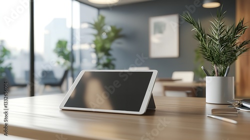 Wallpaper Mural A sleek workspace with a blank tablet screen displayed prominently during an ongoing business brainstorming session Torontodigital.ca