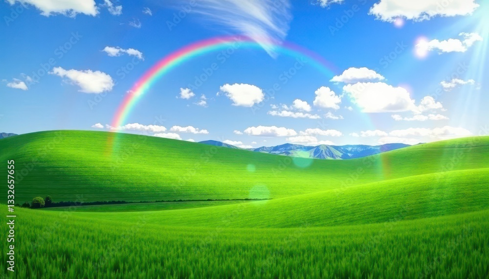 Rolling green hills bathed in sunlight, rainbow arch, azure sky , rainbow, tranquil Rolling green hills bathed in sunlight, rainbow arch, azure sky , rainbow, tranquil