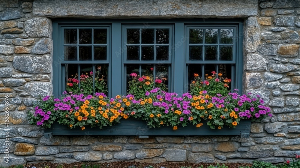 Rustic stone wall with colorful flower boxes Rustic stone wall with colorful flower boxes