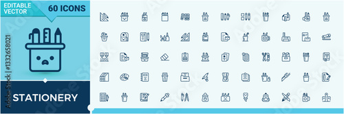 Stationery icon collection. Pack of equipment, file, paper, pencil, office and more. Collection for mobile and web apps. Document line and solid icon collection. Minimalistic icons.