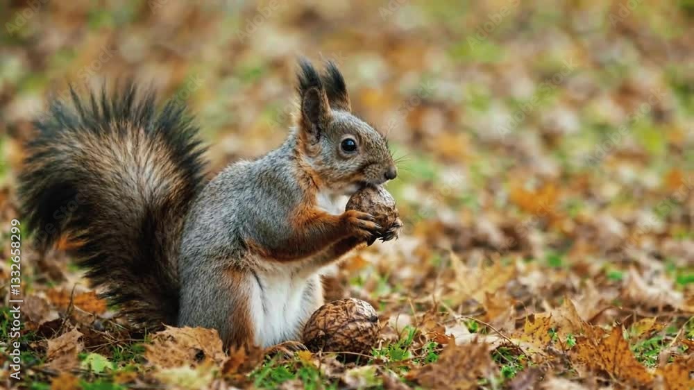 A fluffy squirrel in a golden autumn forest gathers acorns with excitement, its cheeks full as warm orange leaves gently fall around, creating a cozy and magical atmosphere. A fluffy squirrel in a golden autumn forest gathers acorns with excitement, its cheeks full as warm orange leaves gently fall around, creating a cozy and magical atmosphere.