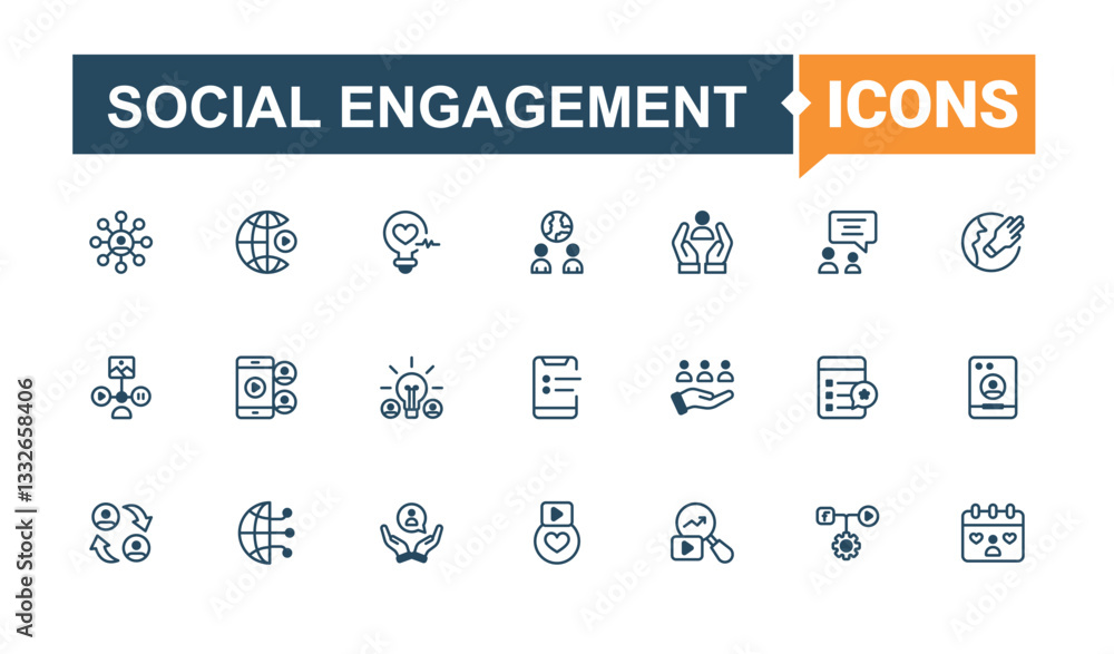Social Engagement icons set in linear style. Contain linear sign for support, care, friends, team, society and more. Social icon set. Thin line and solid style icons. Minimal icon pack. Social Engagement icons set in linear style. Contain linear sign for support, care, friends, team, society and more. Social icon set. Thin line and solid style icons. Minimal icon pack.
