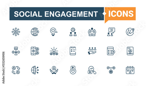 Social Engagement icons set in linear style. Contain linear sign for support, care, friends, team, society and more. Social icon set. Thin line and solid style icons. Minimal icon pack.