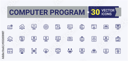 Computer Program minimal icon set. Included web, site, computer, programming, dev, code, technology, website. Software icon set. Line icon with editable stroke. Minimalistic icons.