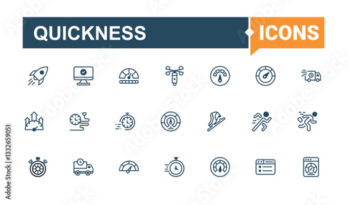 Quickness icons. It contains symbols to speed, rapid, power, fast, race, velocity, run and more. Speed line icons. Icons for design. Vector line and solid icons.