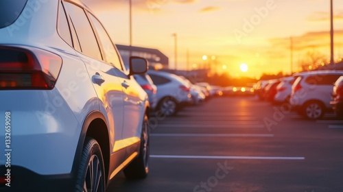 White car parked in dealership parking lot during golden hour sunset