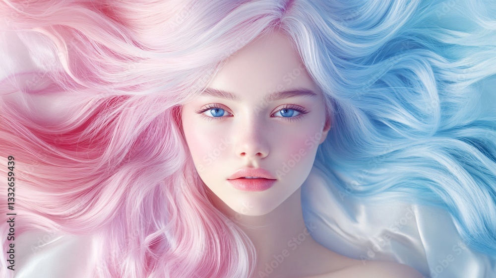 Fototapeta premium Woman Portrait with Soft Pastel Pink and Blue Hair Blending into a Satin Background. Copy space. Generative AI