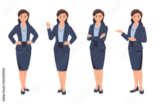 Young business woman standing in different poses. Isolated vector illustration set
