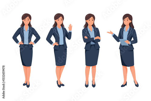 Young business woman standing in different poses. Isolated vector illustration set