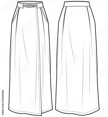 Women front open Column Skirt with pocket flat sketch illustration, Belted long  woven skirt font and back view technical drawing vector illustration