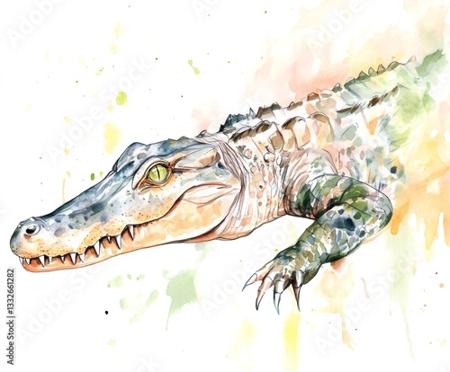 Watercolor painting of a caiman showing teeth photo