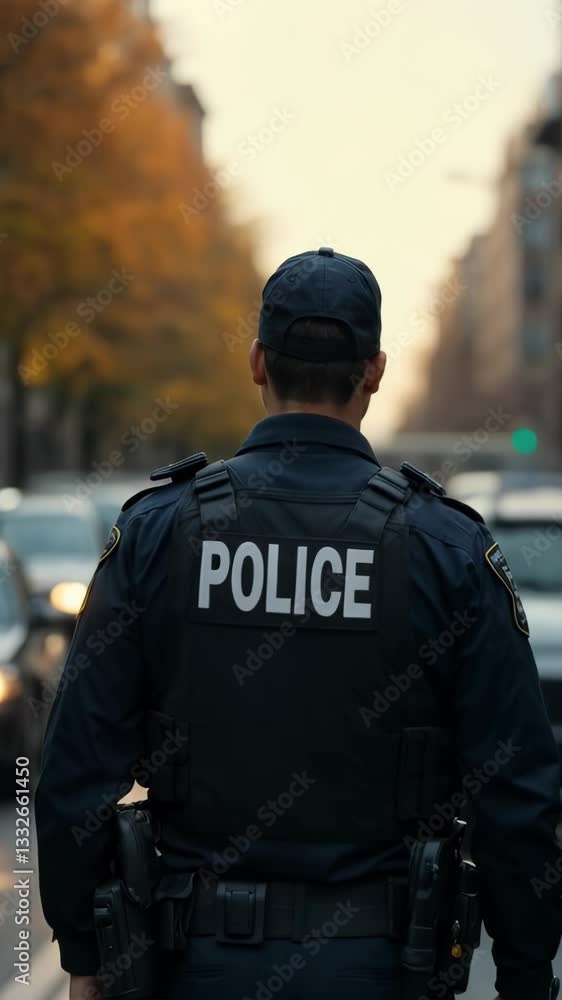 Police officer monitors traffic in urban setting during afternoon hours Police officer monitors traffic in urban setting during afternoon hours