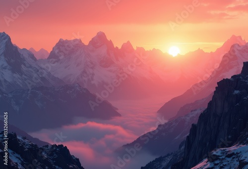 breathtaking orange purple sunset casting radiant light over majestic serene mountain peaks under clear sky, mountains, clouds, horizon, nature, landscape