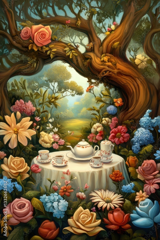 Obraz premium Magical Garden Tea Party Under a Canopy of Blooming Flowers in a Serene Forest Setting