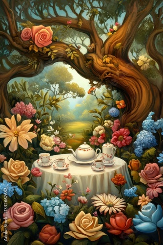 Magical Garden Tea Party Under a Canopy of Blooming Flowers in a Serene Forest Setting