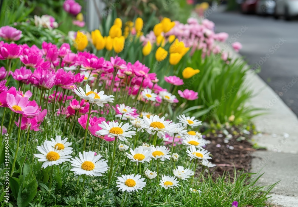 Colorful Spring Flower Garden with Tulips, Daisies, and Pink Blooms against Green Leaves in a Vibrant Neighborhood Landscape Colorful Spring Flower Garden with Tulips, Daisies, and Pink Blooms against Green Leaves in a Vibrant Neighborhood Landscape