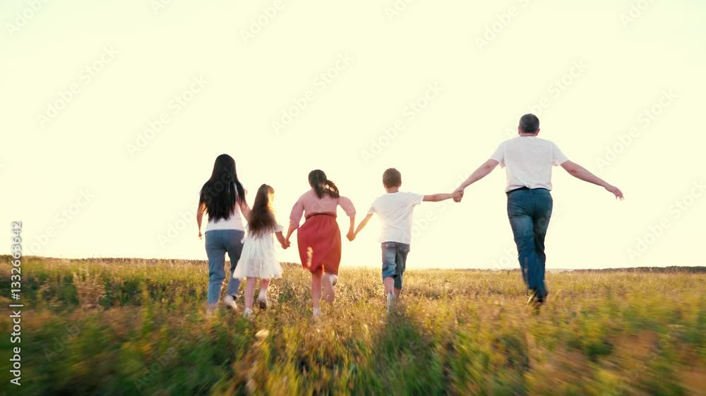Happy family with little children runs joining hands across green rural meadow backside view. Little children and parents run holding hands across field at sunset. Family with children on vacation Happy family with little children runs joining hands across green rural meadow backside view. Little children and parents run holding hands across field at sunset. Family with children on vacation