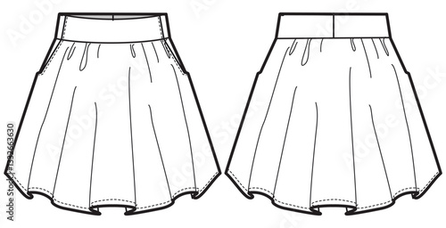 Women's skater Skirt flat sketch fashion illustration with front and back view, Girls Circle skirt cad drawing vector template