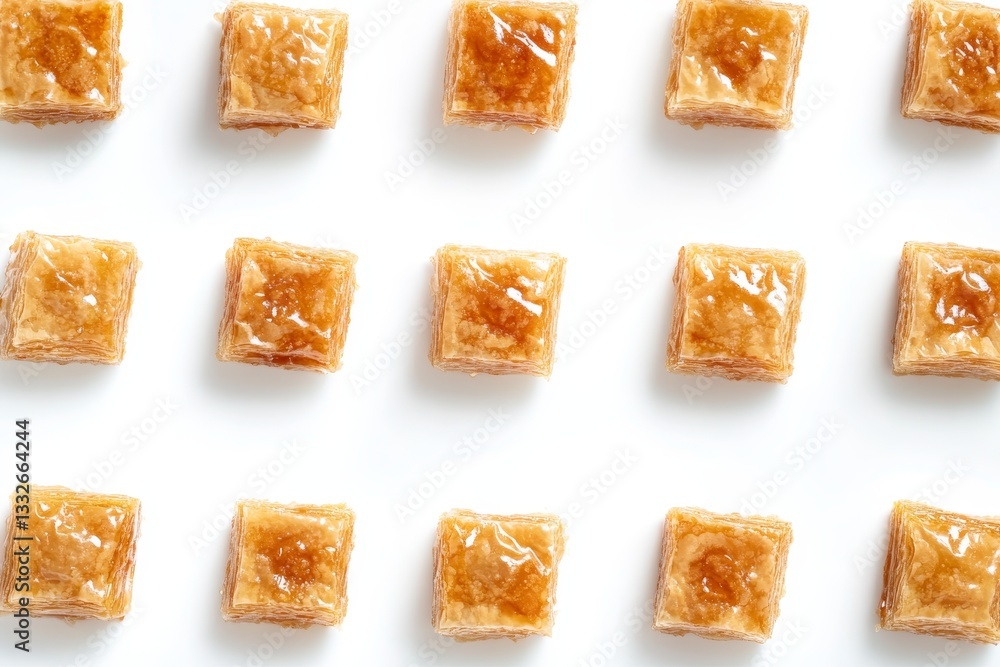 Golden Baklava Squares, White Background, Food Pattern, Dessert, Recipe Golden Baklava Squares, White Background, Food Pattern, Dessert, Recipe