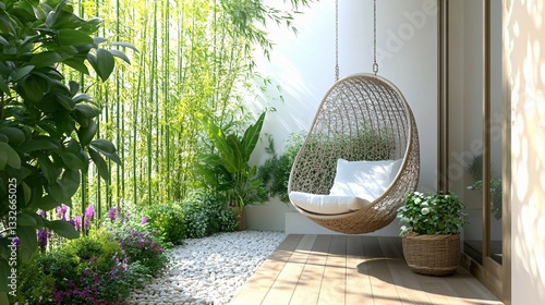 A relaxing outdoor space featuring bamboo and a hanging chair