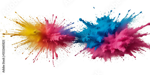 Vector abstract colorful rainbow holi paint and colorful cloud smoke powder explosion isolated on transparent wide panorama background.	