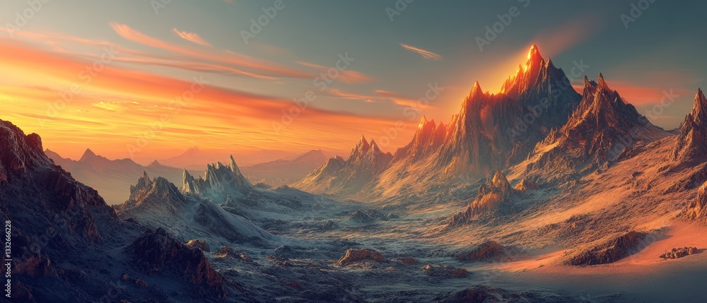 Obraz premium A breathtaking view of a mountain range bathed in the first light of dawn, with jagged peaks glowing in shades of gold and amber.