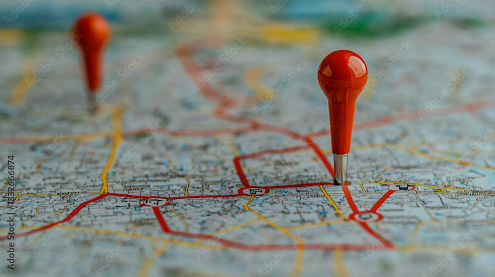 A focus on a map with two red pins marking specific locations, showing a detailed street layout and routes. A focus on a map with two red pins marking specific locations, showing a detailed street layout and routes.
