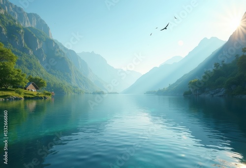 Wallpaper Mural tranquil reflections captured stunning serene lake landscape surrounded lush greenery majestic mountains under clear blue sky, water, trees, nature, calm Torontodigital.ca