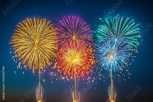 Three Colorful Fireworks Burst Night Show