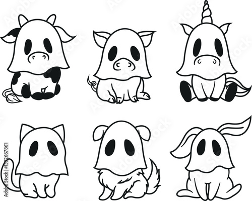 ghost cartoon animals icon flat set trendy style isolated on transparent background.
