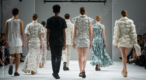 Elegant fashion show models walking runway stylish clothes art girl grey blue dress style woman trend