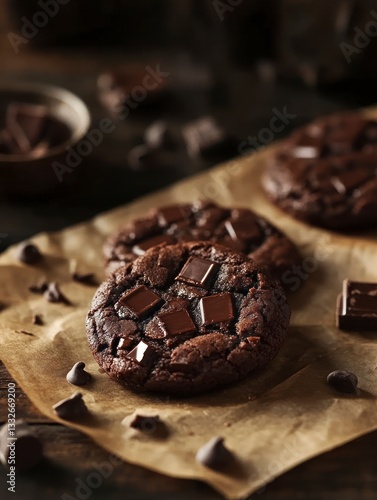 Wallpaper Mural Delicious Double Chocolate Chip Cookies on Parchment Paper Close Up Torontodigital.ca