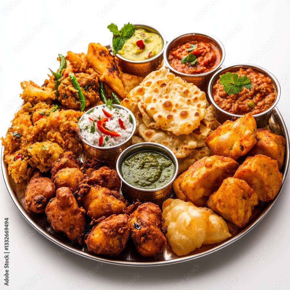 Fototapeta premium Indian Fish Platter or thali - A popular seafood and meat dish from Mumbai, Konkan, Maharashtra, Goa, Bengal, and Kerala, presented on a steel plate or banana leaf with a stock background