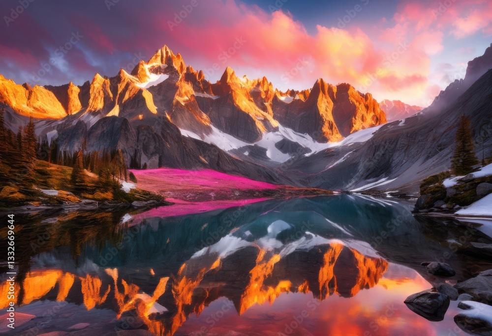 Obraz premium majestic peaks illuminated vibrant sunrise colors creating breathtaking mountain landscape experience, sky, nature, horizon, light, morning, clouds, terrain