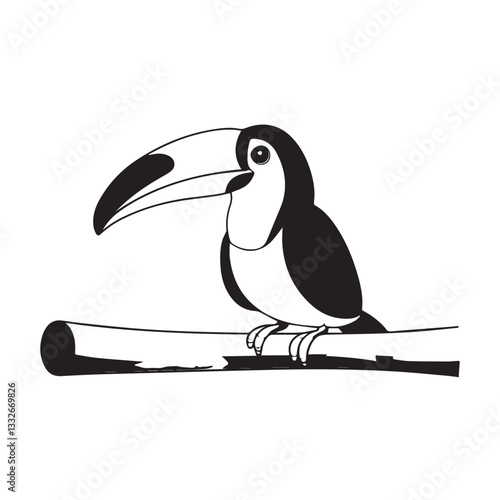 Vector illustration of a tropical cartoon toucan with a colorful beak on a branch