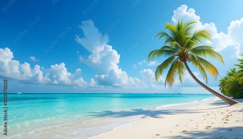 Fototapeta premium Tropical Bliss, Solitary Palm, Untouched Shores, Crystal Blue Waters
